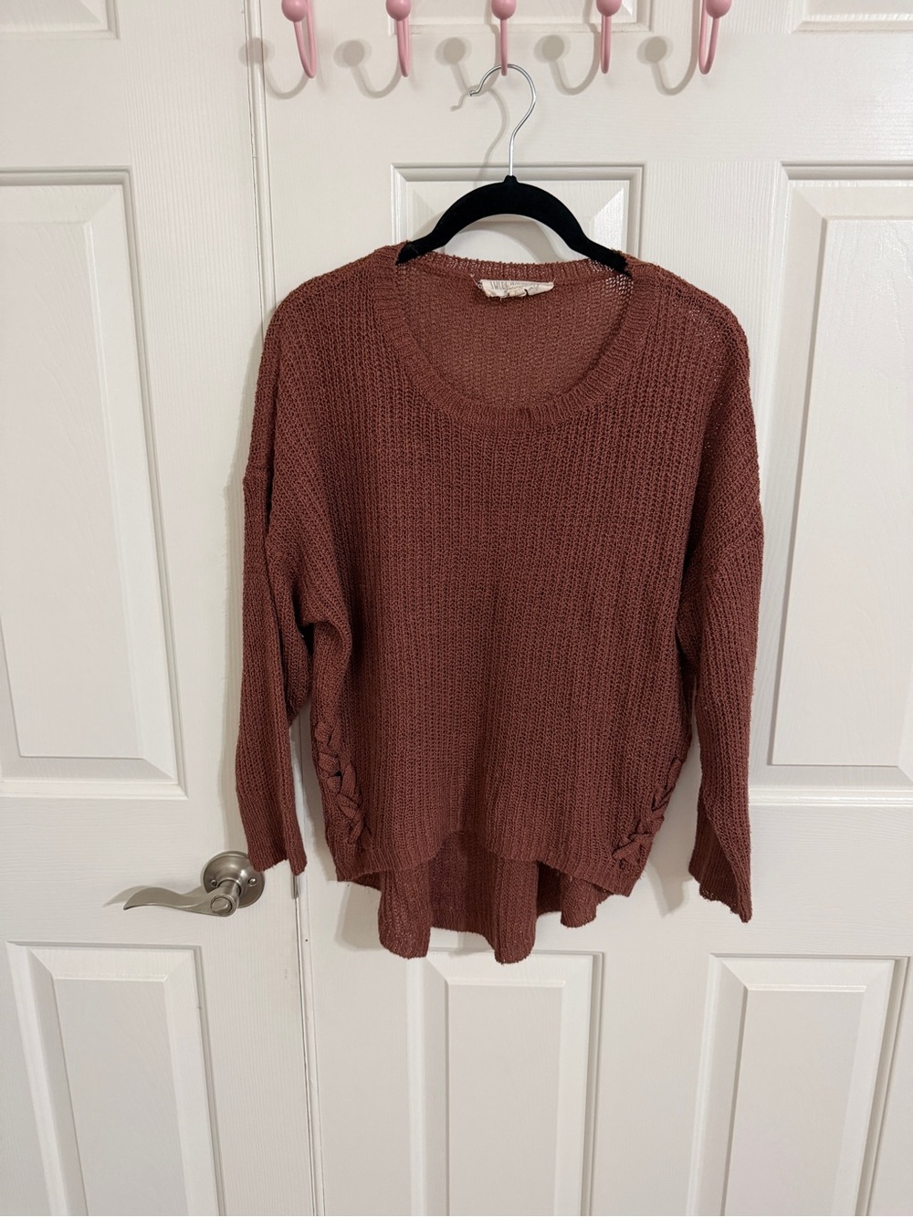 Sweet Wanderer XL Rust Brown Braided Side High Low Knit Sweater